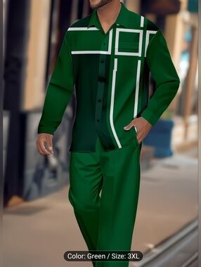 Men's Green Button-Up Set with White Stripe Size  3x.
